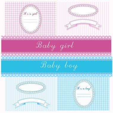 Yeni doğmuş bir kız ve erkek çocuk için albüm sayfası, kartlar ve davetiyeler hazırlamak için çeşitli çerçeveler, arka planlar ve unsurlar. Geleneksel mavi ve pembe renk. Elementler beyaz arkaplanda yaldızlıdır.