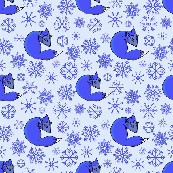 Cute Sleeping Fox Winter Snowflakes Seamless Christmas Pattern Can Used — 图库矢量图片