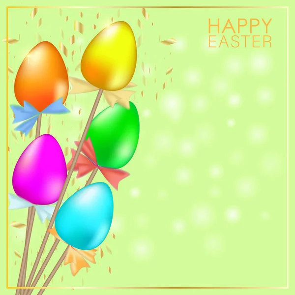 Tarjeta Felicitación Con Huevos Pascua Multicolores Palos Fondo Verde Serpentina — Vector de stock