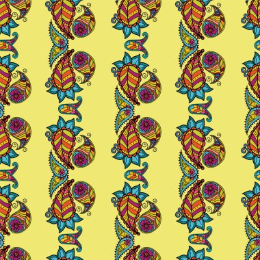 Kalamkari temasında kusursuz desen. Sarı arka planda şal deseni. Hint resim elementleri tekstil, desenler, hediyelik eşyalar ve hediyeler için kullanılabilir. Parlak renkler, çizgili süsler..