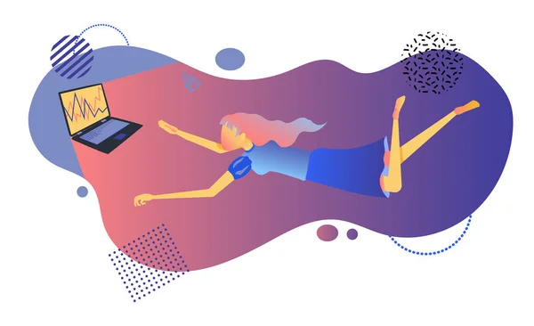 Tjej Som Svävar Luften Med Laptop Platt Illustration Kvinna Levitation — Stock vektor