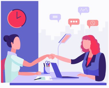 Düz çizim. Danışmanlık, istihdam, görüşme. Ofis İşçileri Toplantısı. Ofiste çalışan kadınlar. Personel alımı. İncelemeye devam edin. İşbirliği, tokalaşma. İş sözleşmesi.