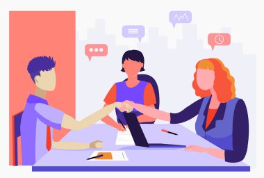 Düz çizim. Danışmanlık, istihdam, görüşme. Ofis İşçileri Toplantısı. Ofiste çalışan kadınlar. Personel alımı. İncelemeye devam edin. İşbirliği, tokalaşma. İş sözleşmesi.