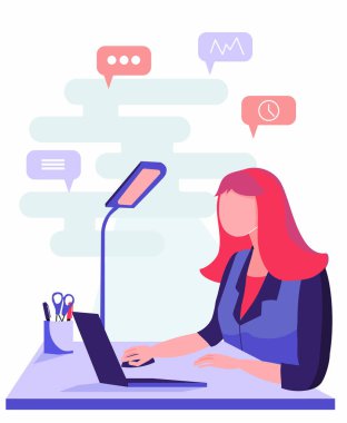 Kadın sekreter masadaki ofiste çalışıyor. Ofis işleri. Düz Çizim.