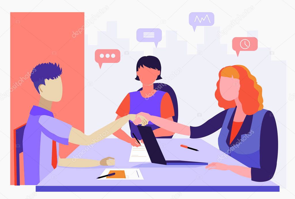 Flat style illustration. Consultation, employment, interview. Office Workers Meeting. Women working in the office. Staff recruitment. Resume review. Cooperation, handshake. Work agreement.