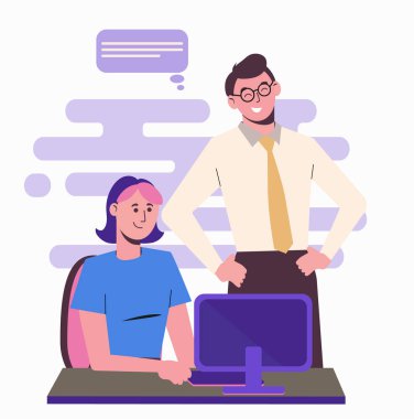 Ofisteki çalışanlar. İşçi kollektifi. Sekreter ve patron. Kız bilgisayarda çalışıyor. İşyeri.