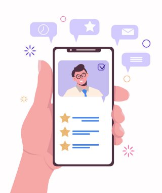 Bağlantıları olan bir akıllı telefon. Arkadaşları ve meslektaşlarıyla sohbet ediyor. Arkadaşlarını davet et. Sosyal ağlar. Mesaj yolluyorum. Çıkmak. Düz illüstrasyon beyaz arkaplanda izole edildi