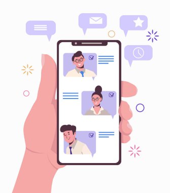 Bağlantıları olan bir akıllı telefon. Arkadaşları ve meslektaşlarıyla sohbet ediyor. Arkadaşlarını davet et. Sosyal ağlar. Mesaj yolluyorum. Çıkmak. Düz illüstrasyon beyaz arkaplanda izole edildi