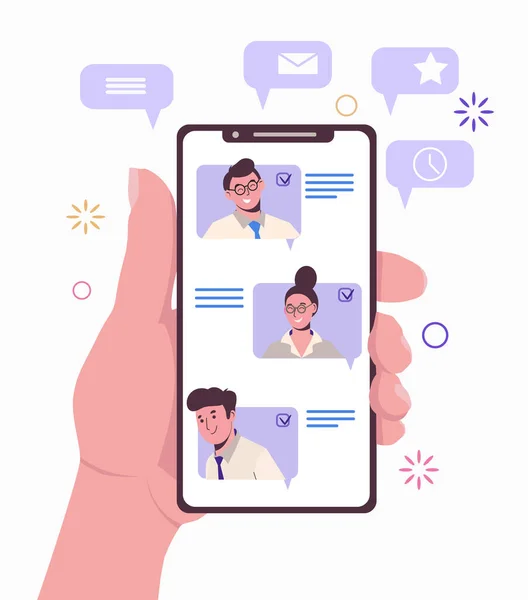Bağlantıları Olan Bir Akıllı Telefon Arkadaşları Meslektaşlarıyla Sohbet Ediyor Arkadaşlarını — Stok Vektör