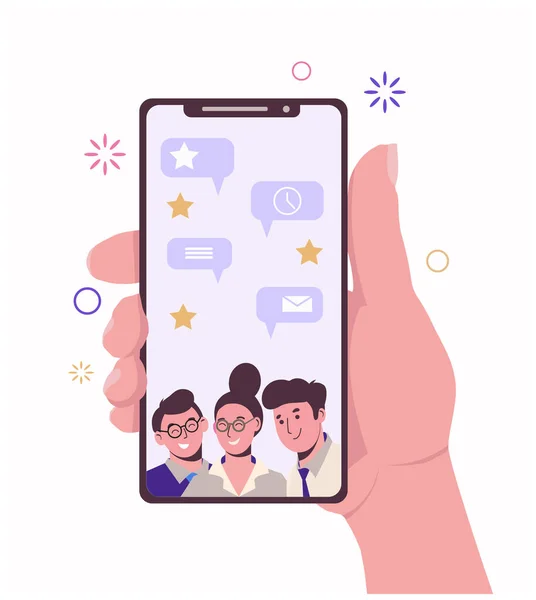 Bağlantıları olan bir akıllı telefon. Arkadaşları ve meslektaşlarıyla sohbet ediyor. Arkadaşlarını davet et. Sosyal ağlar. — Stok Vektör