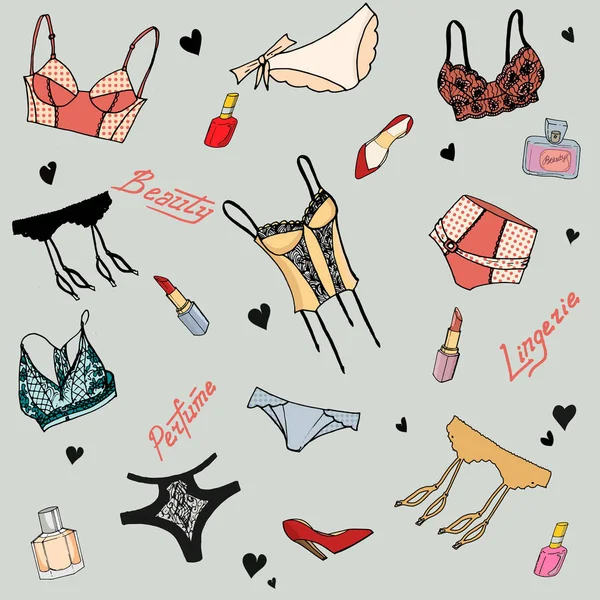 Motif Sans Couture Avec Une Jolie Lingerie Dessinée Main Des — Image vectorielle