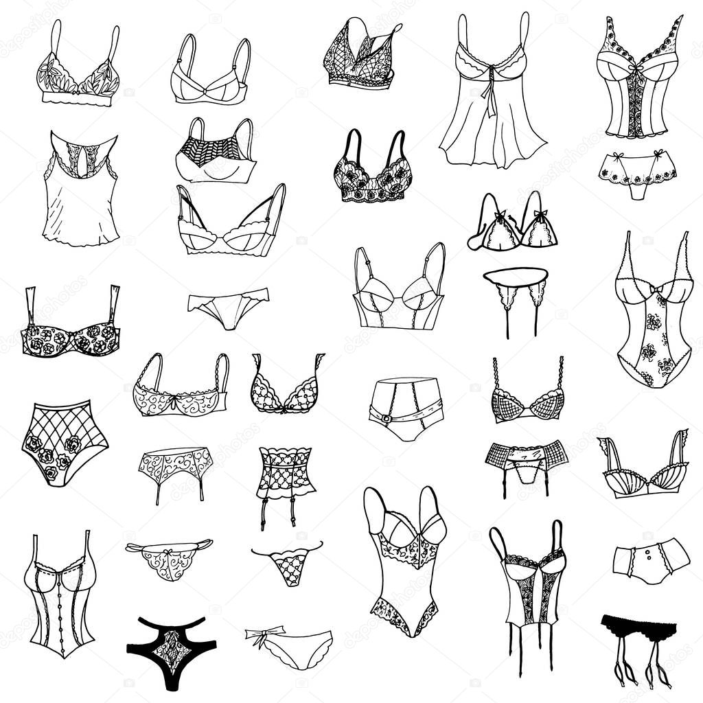 Collection of lingerie. Panty and bra set. Body. Vector illustrations. - Vector