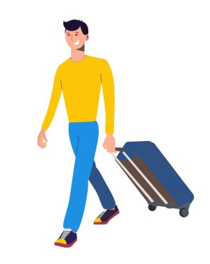 Havaalanında bavullu bir adam. Valizli bir adam. İş gezisi. Bavul. Gezgin. Yurtdışına seyahat. Uçakla. Düz çizim. Beyaz arkaplanda izole