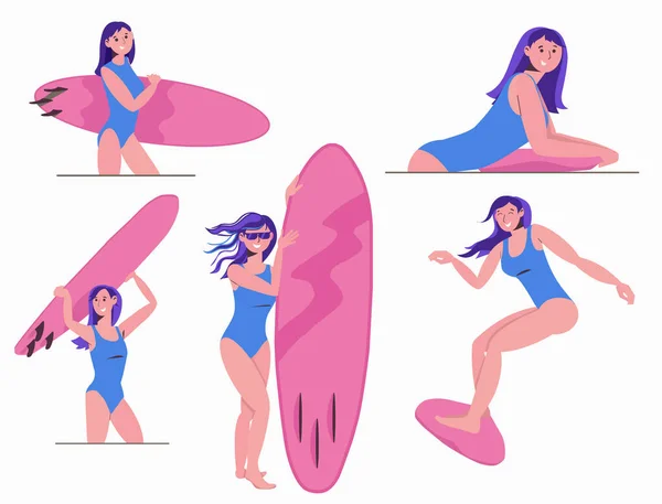 サーフィンに関するイラストのセット 女の子サーファーがボードに乗っています 海の夏のテーマ フラットイラスト 白い背景に隔離されています アウトドアスポーツ — ストックベクタ