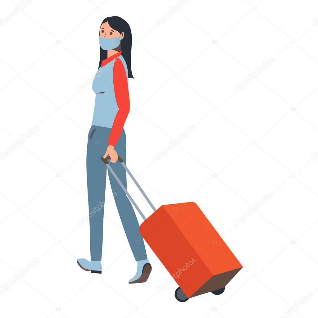 A woman with a valise in a medical mask. Travel infection protection. Coronavirus. Traveler at the airport. Flat style. The illustration is isolated on a white background.