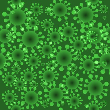 Koronavirüsün yayılma temasında kusursuz desen. Yeşil arka plan. Afişler ve web tasarımları yapmak için kullanılabilir. Viral enfeksiyon salgını..