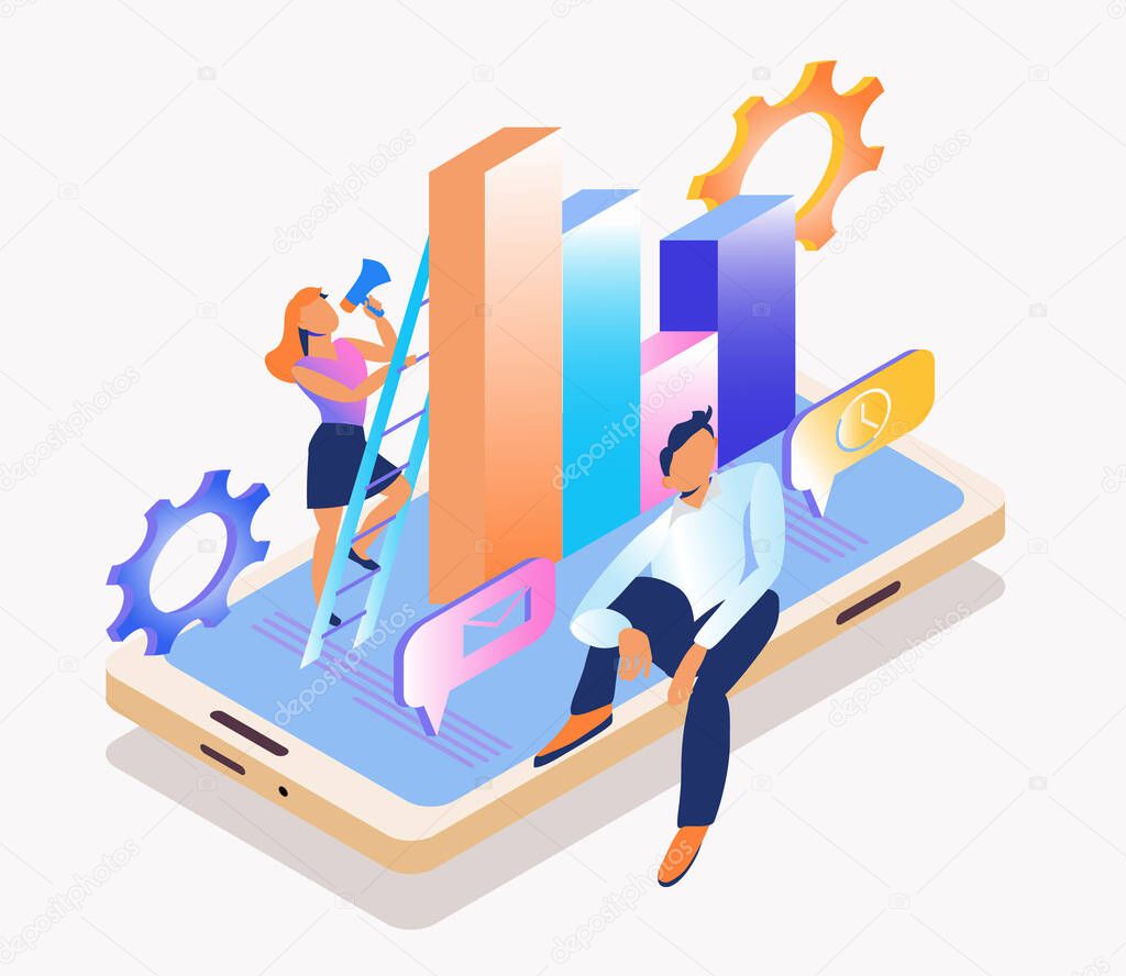 Conceptual web seo illustration. Work in a young team. Flat isometric vector illustration isolated on white background. Can be used for web banner, infographics, hero images.