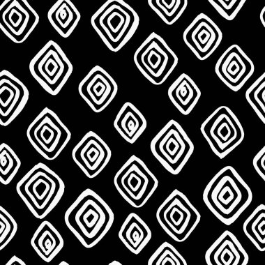 Kusursuz desen. Siyah arka planda beyaz eşkenar dörtgenler. Tek renkli el yapımı desen. Basit geometrik düzensiz şekiller.