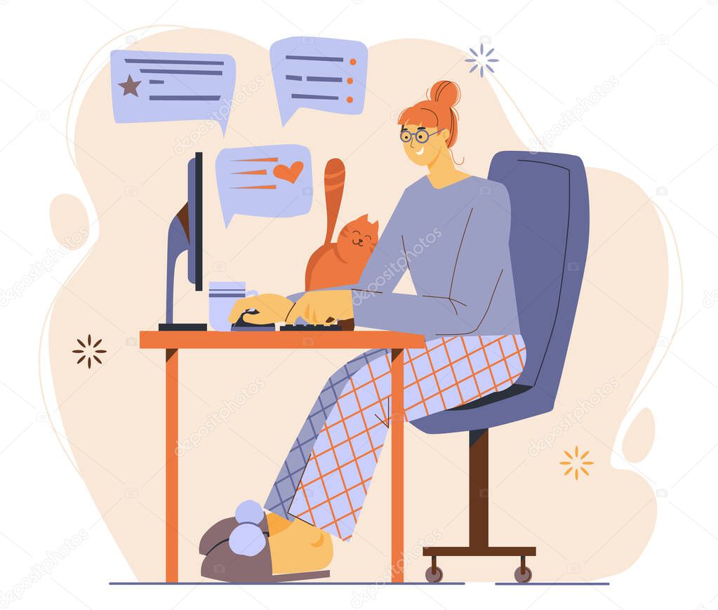Flat illustration about work at home and freelance. The girl works at home. Pets. Working at a computer online, chatting with friends, receiving messages and tasks. Isolated on a white background.