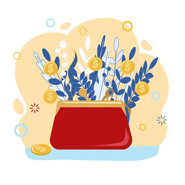 Cartera Con Monedas Dinero Crece Las Ramas Hojas Las Plantas — Vector de stock