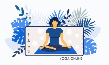 Yoga devrede. Akıllı telefon ekranındaki kız koç canlı bir ders veriyor. Yoga kursları ya da web sitesi tasarımı konsepti. Düz illüstrasyon beyaz arkaplanda izole edildi. Evde spor.
