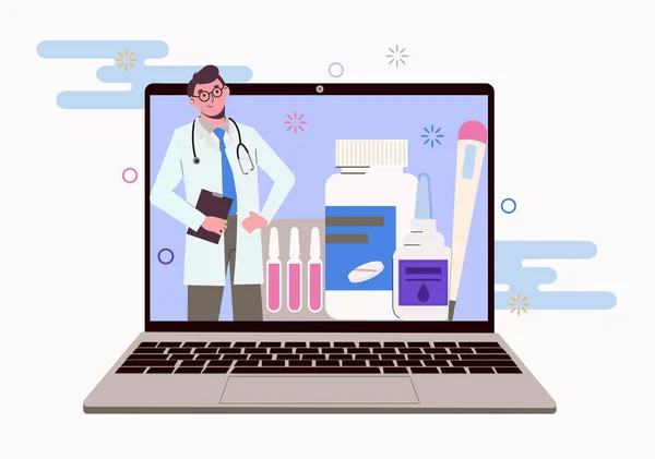 Dokter Het Laptopscherm Online Advies Quarantainebehandeling Medicatie Platte Illustratie Geïsoleerd — Stockvector