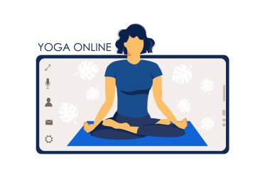 Yoga devrede. Akıllı telefon ekranındaki kız koç canlı bir ders veriyor. Yoga kursları ya da web sitesi tasarımı konsepti. Düz illüstrasyon beyaz arkaplanda izole edildi. Evde spor.