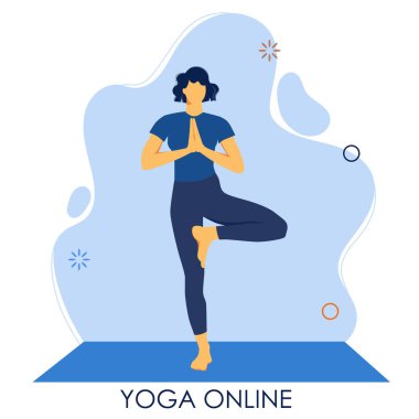 Yoga devrede. Kız koç internette bir ders veriyor. Karantina sırasında evde izole bir spor. Meditasyon ve rahatlama. Uzaktan antrenman. Düz illüstrasyon beyaz arkaplanda izole edildi.
