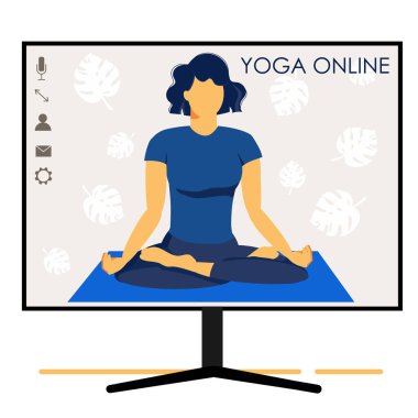 Yoga devrede. Kız koç internette bir ders veriyor. Ekranı izle. Karantina sırasında evde izole bir spor. Meditasyon ve rahatlama. Uzaktan antrenman. Düz illüstrasyon beyaz arkaplanda izole edildi.