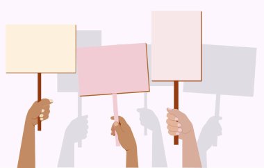 Protesto eden bir kalabalık. Gösteri, protesto. Pankart elinde. Protestocuların ellerinin siluetleri. Düz çizim beyaz arka planda izole edildi. Metin için bir yer var
