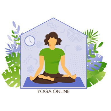 Kız evde yoga pratiği yapıyor. İnternetten online derslerde uzak sporlar. Sosyal mesafe. Koronavirüs salgını sırasında evde kal. Düz illüstrasyon beyaz arkaplanda izole edildi.