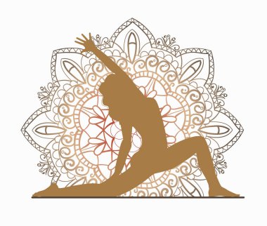 Yoga devrede. Evde spor var. Kalamkari resminin arka planında bir kızın silueti. İnternette kartvizitler, afişler ve el ilanları yapmak için kullanılabilir. Resimler beyaz arkaplanda izole edilir