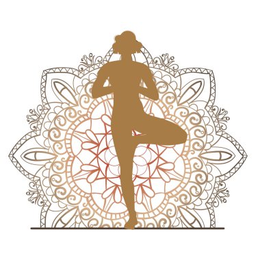 Yoga devrede. Evde spor var. Kalamkari resminin arka planında bir kızın silueti. İnternette kartvizitler, afişler ve el ilanları yapmak için kullanılabilir. Resimler beyaz arkaplanda izole edilir