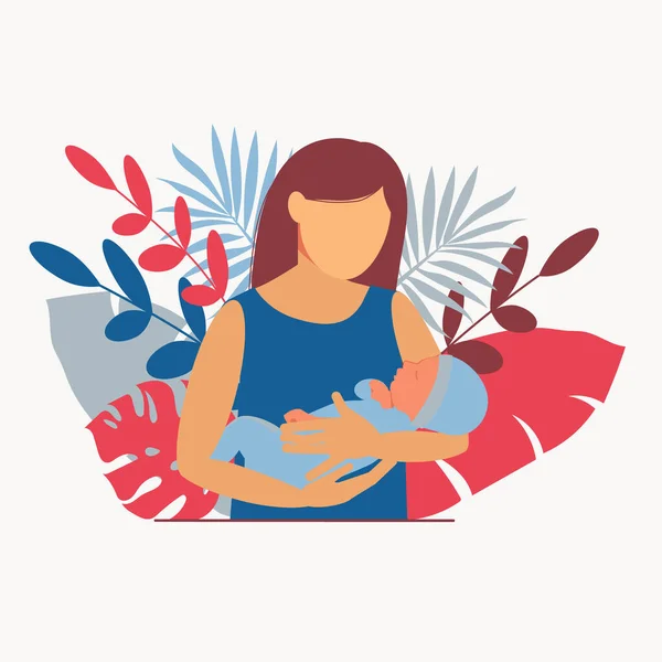 Motherhood Woman Baby Her Arms Breastfeeding Infant Baby Boy Flat — Stock Vector