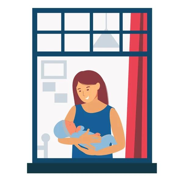 Moederschap Een Vrouw Met Een Baby Haar Armen Bij Het — Stockvector