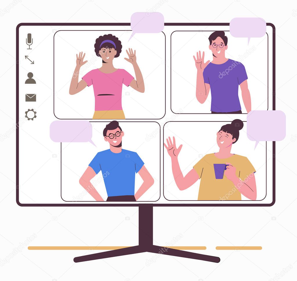 Work at home, freelance, remote work as a team. Online chatting colleagues and friends. Service for communication. Flat illustration isolated on white background. Virtual conference. Monitor screen