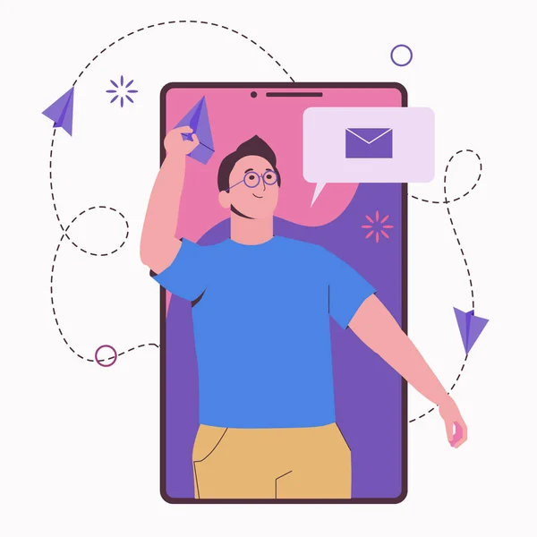 Akıllı Telefondan Iletişim Adam Bir Uçak Mesaj Gönderiyor Arkadaşlarla Arkadaşlarıyla — Stok Vektör