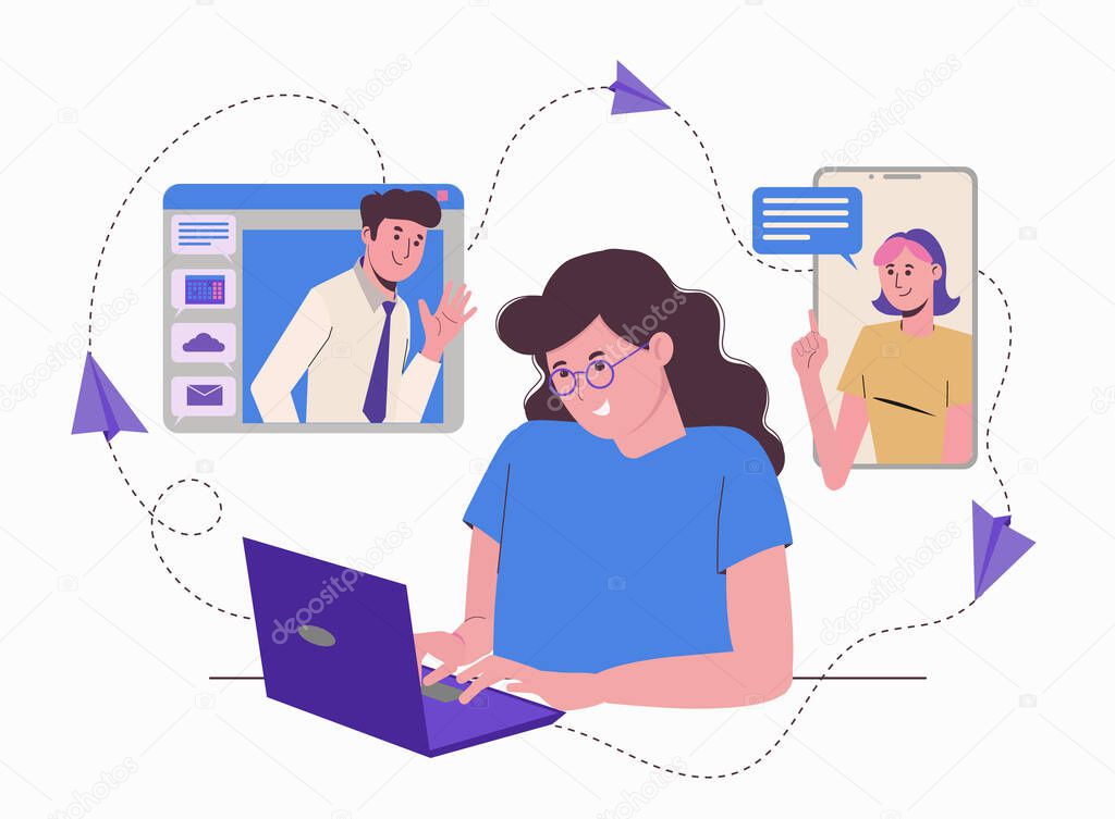 Remote work at home online. Freelance Freelancer girl with a laptop. Communication with colleagues, assignments. Flat illustration isolated on a white background.