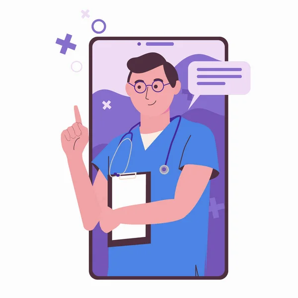 Consulta médica en línea. Salud. Médico en línea y por teléfono. Aplicación móvil. Ilustración plana conceptual . — Vector de stock