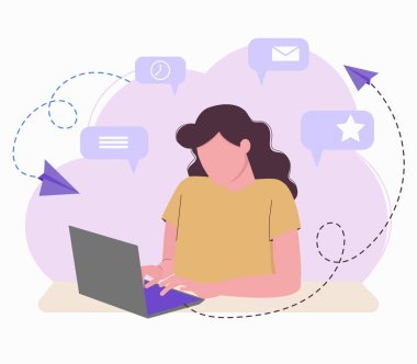 Evde çalış. Kız uzaktan kumandayla çalışıyor. Serbest çalışmak, sohbet etmek, arkadaşlar ve iş arkadaşlarıyla sohbet etmek. Mesaj yolluyorum. Düz illüstrasyon beyaz arkaplanda izole edildi.