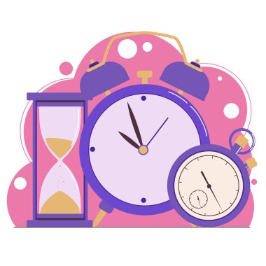 Zaman yönetimi. Planlama. Saat, kum saati, çalar saat ve kronometre. Web afişi. Düz illüstrasyon beyaz arkaplanda izole edildi.