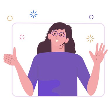 Penceredeki kız. Çevrimiçi sohbet. Sosyal ağlar. Gözlüklü esmer bir kadın selamlıyor ve el sallıyor. Düz illüstrasyon beyaz arkaplanda izole edildi.