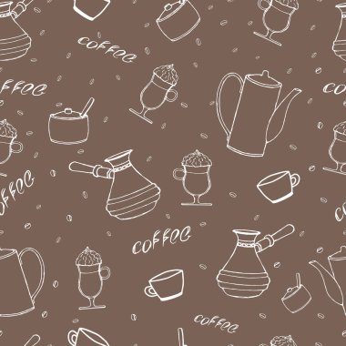 Harfli, kusursuz el yapımı kahve. Pankartlar ve kumaş baskıları için karanlık bir arka planda yaratıcı tasarım. Kafe menüsü için doku yineleniyor, paket kağıdı deposu.