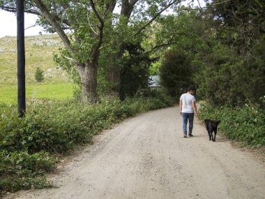 Genç adam siyah labrador köpeğine bakıyor, her ikisi de yolda yürürken.