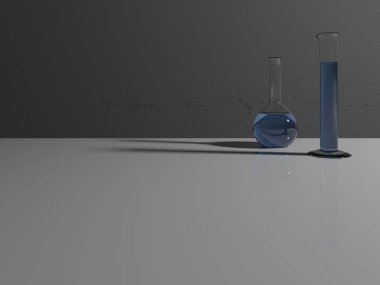 Laboratuvar camları. Gerçekçi laboratuvar hacimli matara ve mavi sıvıyla silindir. 3 boyutlu tasarım. Asgari.