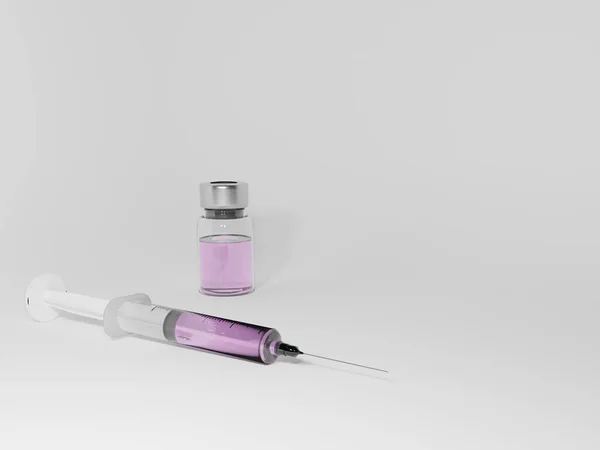 Spruta Och Injektionsflaska Med Rosa Eller Lila Vätska Inuti Vaccin — Stockfoto