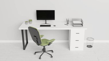 Bilgisayarı, kağıtları, kalemleri ve kaktüsleri olan bir masa. Merkez ofis konsepti. 3B görüntüleme.