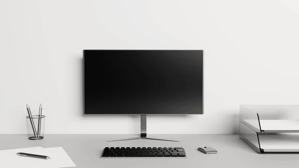 Desktop Met Een Computerscherm Toetsenbord Muis Papier Pennen Het Concept — Stockfoto