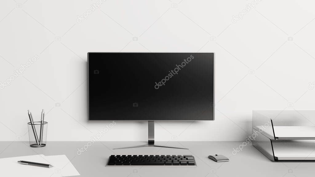 Desktop with a computer screen, keyboard, mouse, papers and pens. Home office concept. 3D rendering.