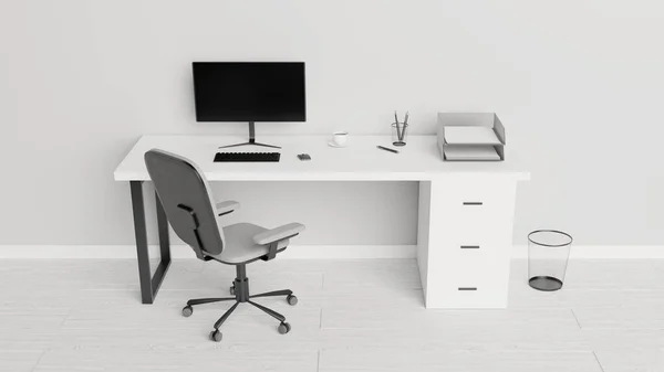 Desktop with a computer, papers, pens and a cup of coffee. Home office concept. 3D rendering.